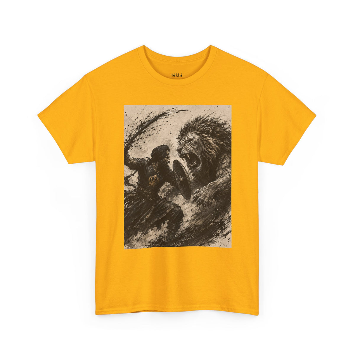 a Lion and Warrior Graphic Tee — Vintage Mythic Battle Art T-Shirt