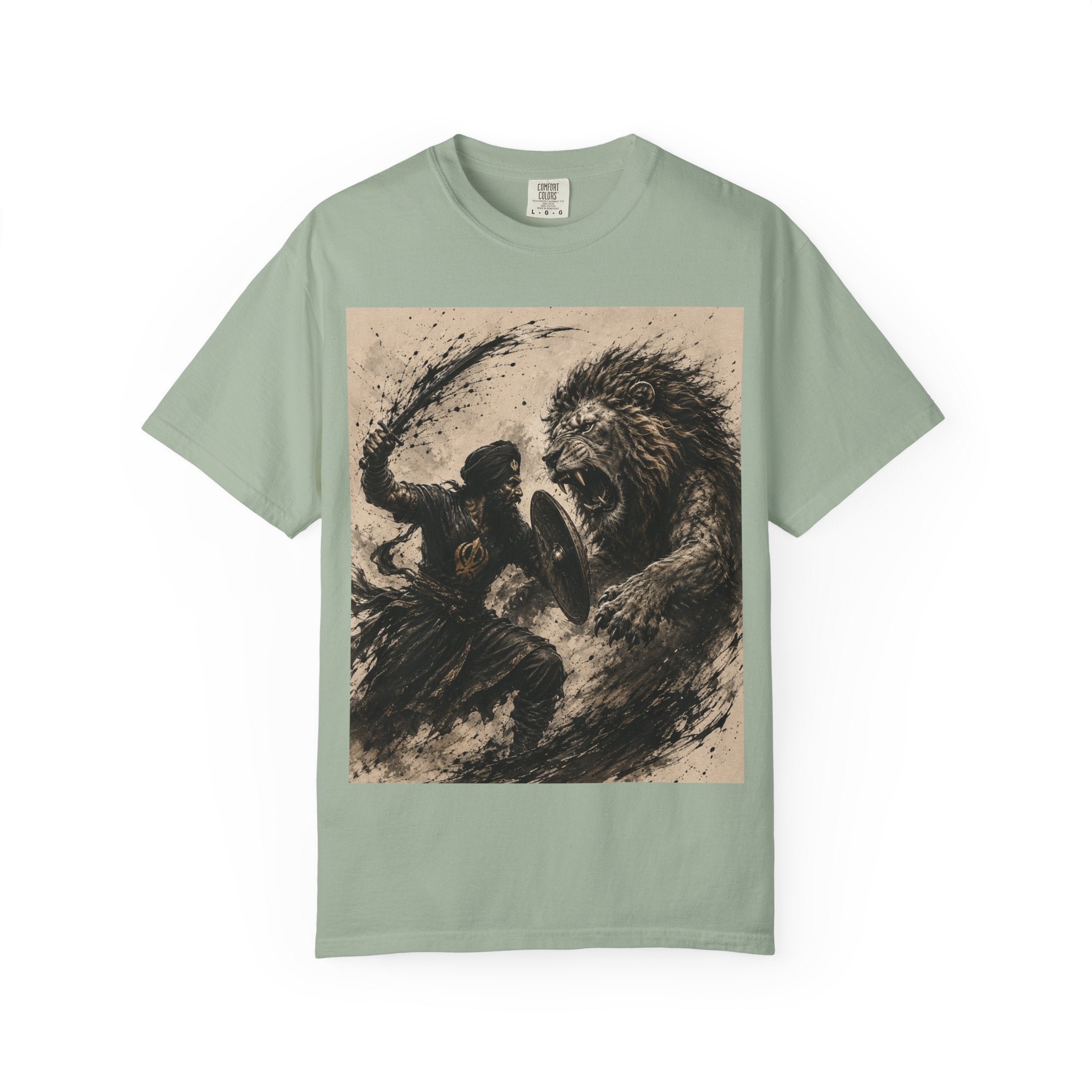 Warrior vs Lion Graphic T-Shirt — Bold Mythic Battle Design