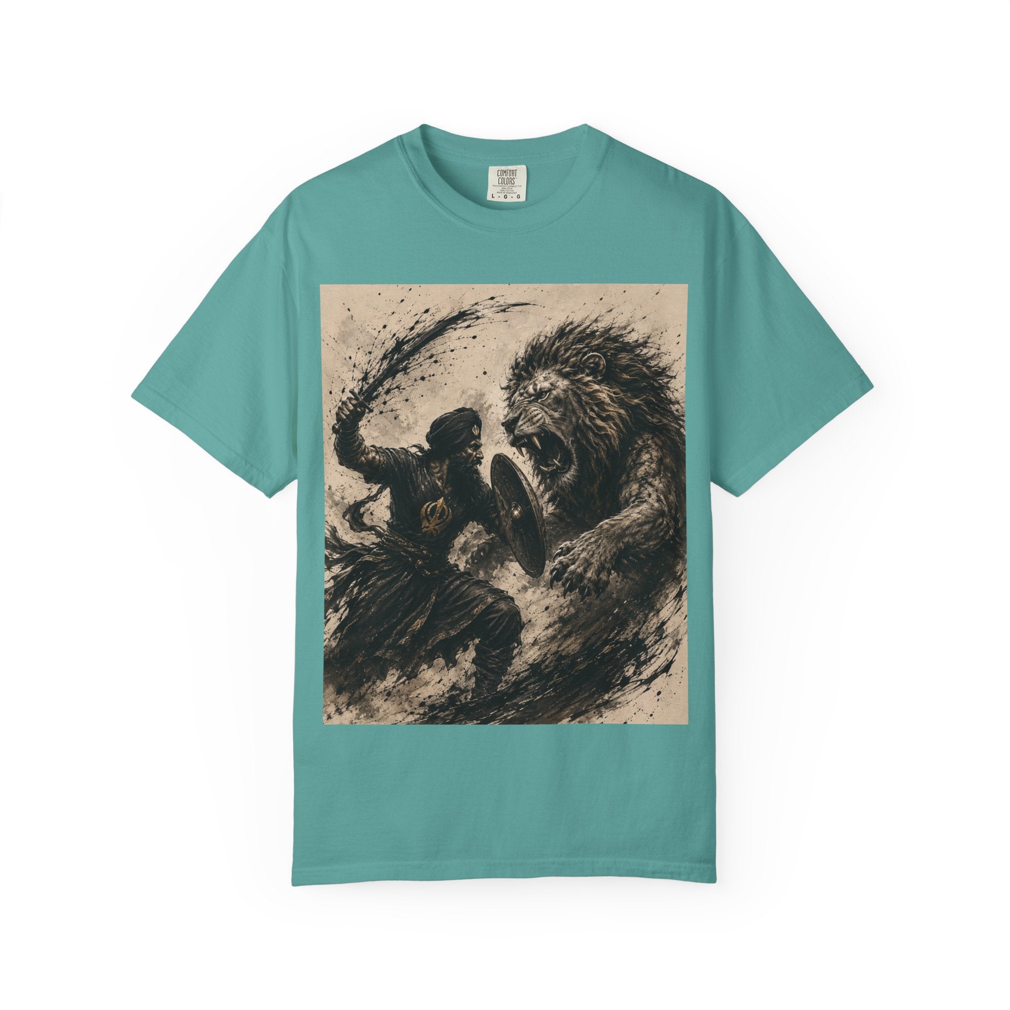 Warrior vs Lion Graphic T-Shirt — Bold Mythic Battle Design