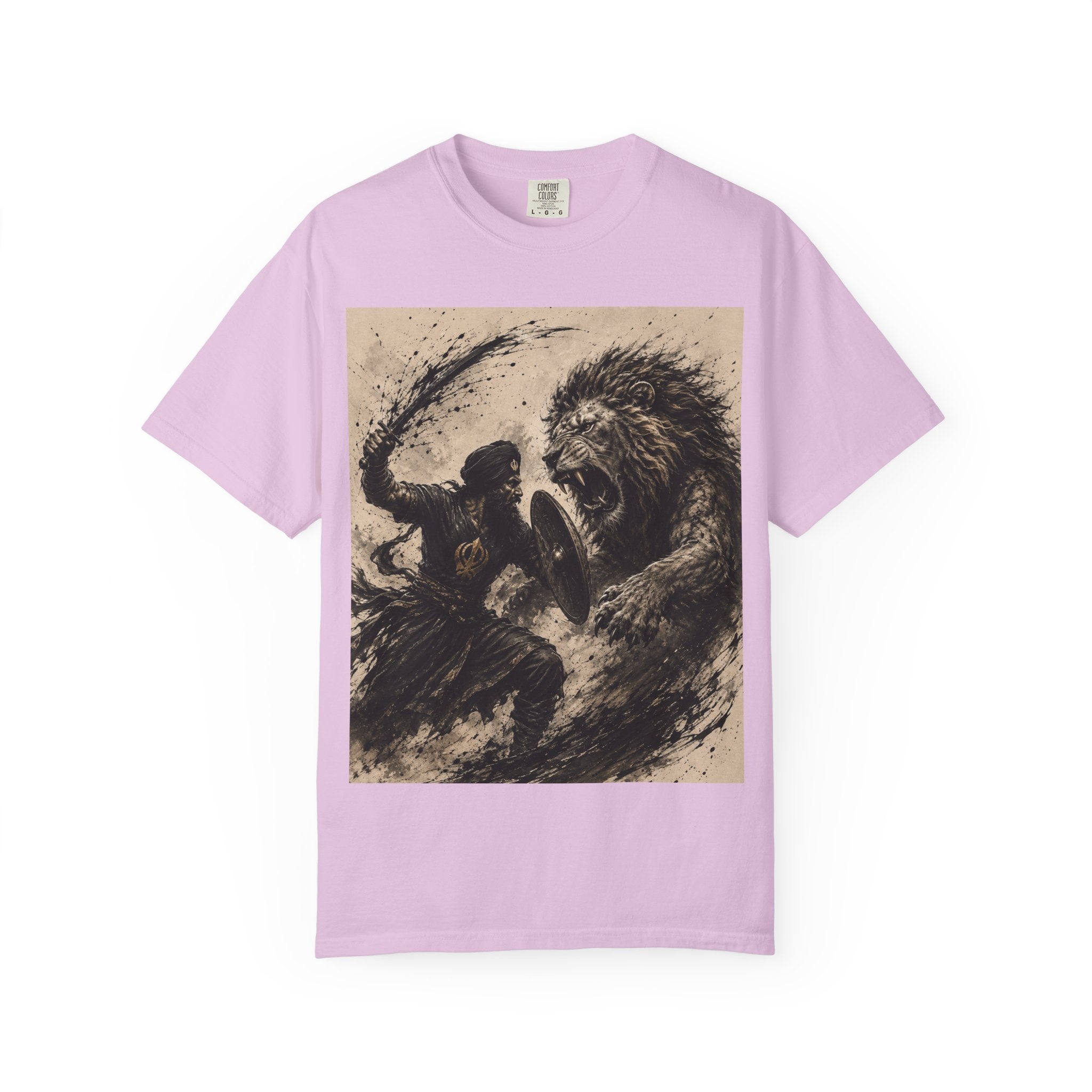 Warrior vs Lion Graphic T-Shirt — Bold Mythic Battle Design