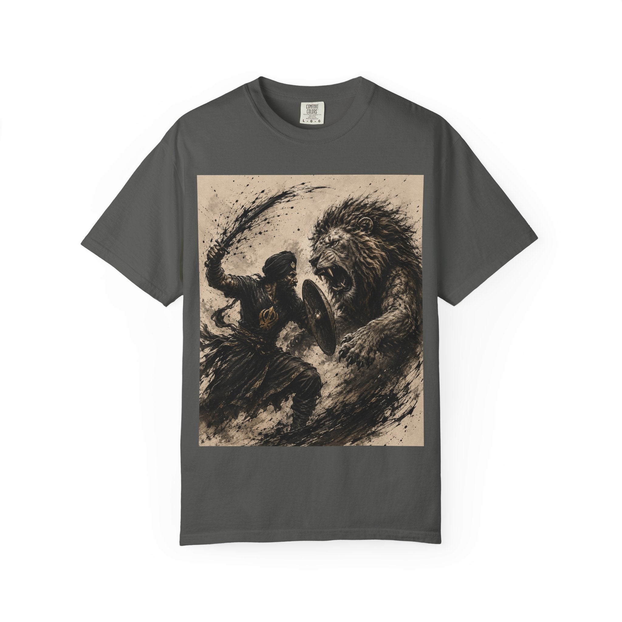 Warrior vs Lion Graphic T-Shirt — Bold Mythic Battle Design