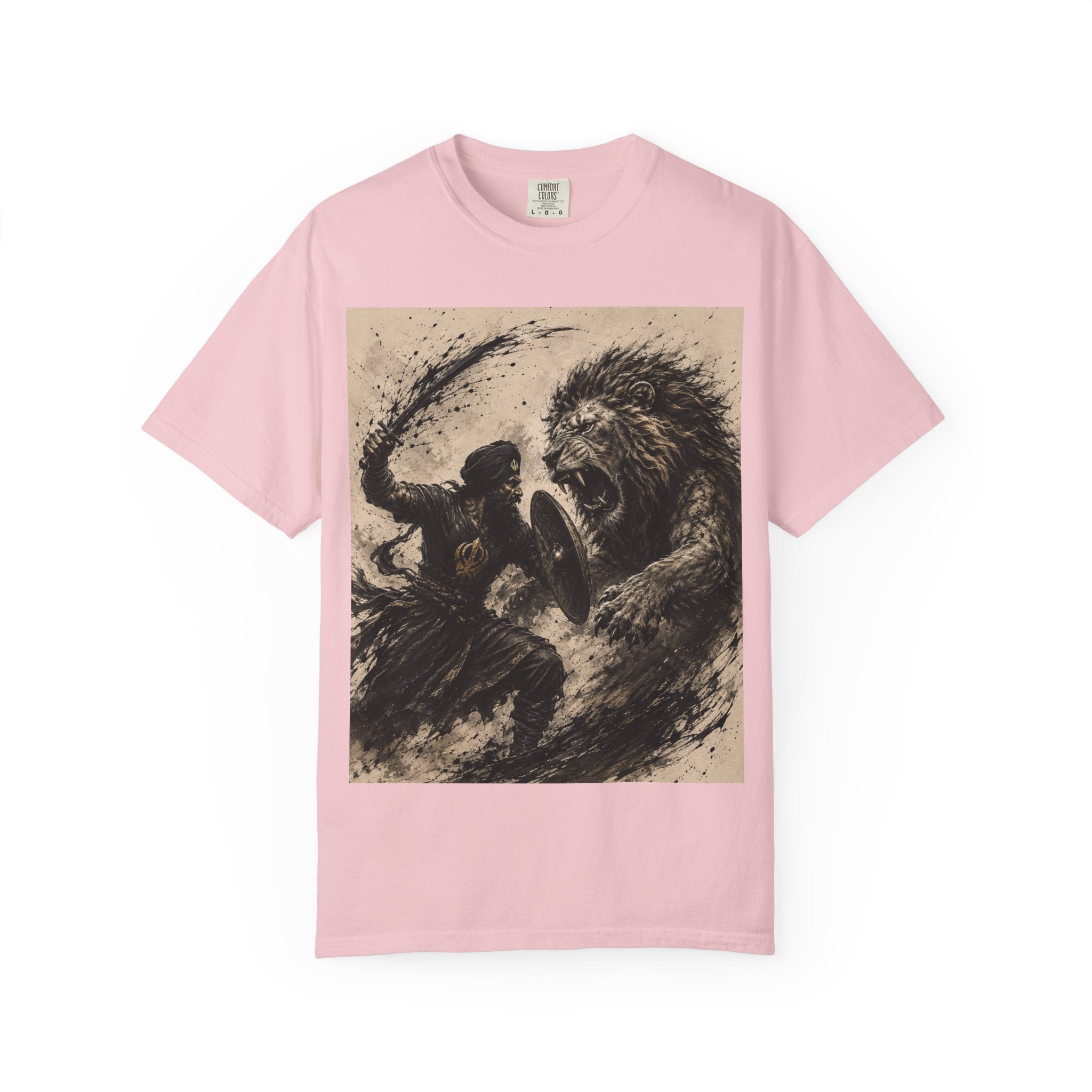 Warrior vs Lion Graphic T-Shirt — Bold Mythic Battle Design