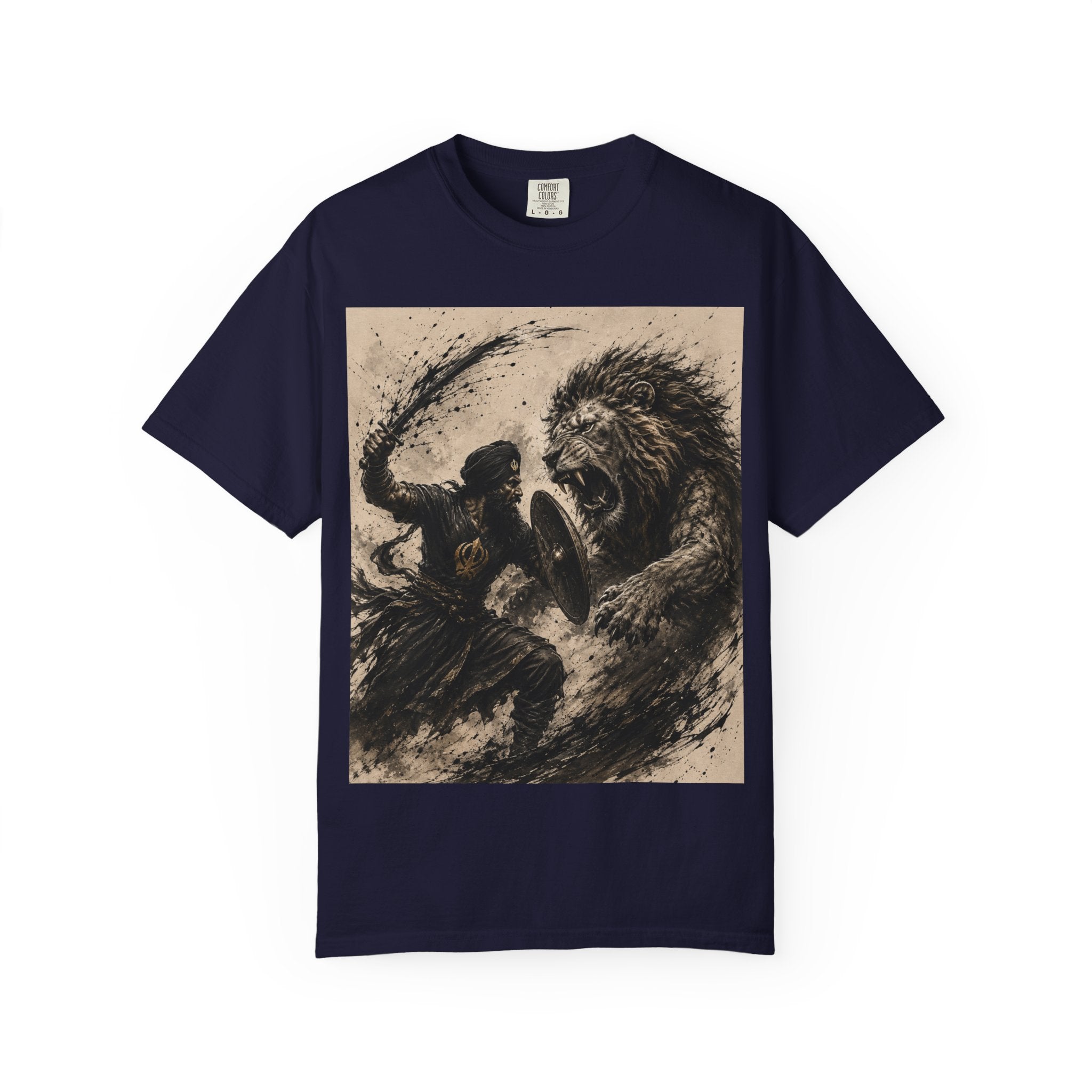 Warrior vs Lion Graphic T-Shirt — Bold Mythic Battle Design