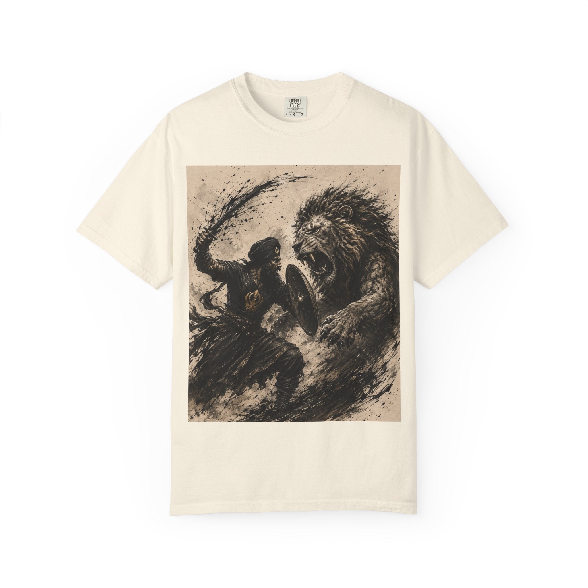 Warrior vs Lion Graphic T-Shirt — Bold Mythic Battle Design