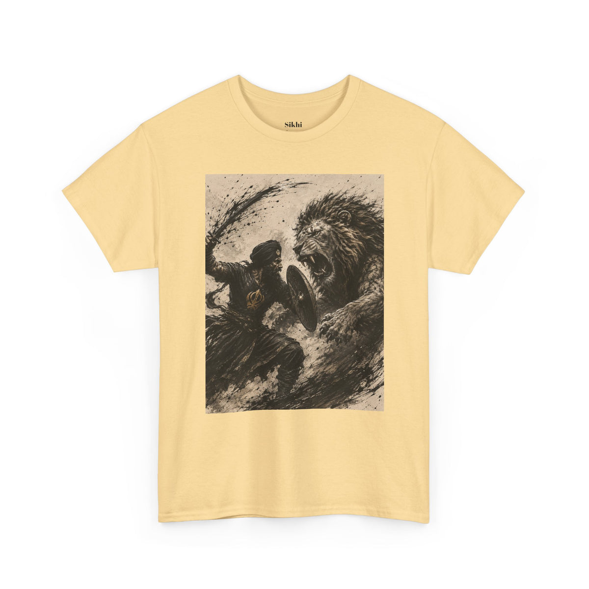 a Lion and Warrior Graphic Tee — Vintage Mythic Battle Art T-Shirt