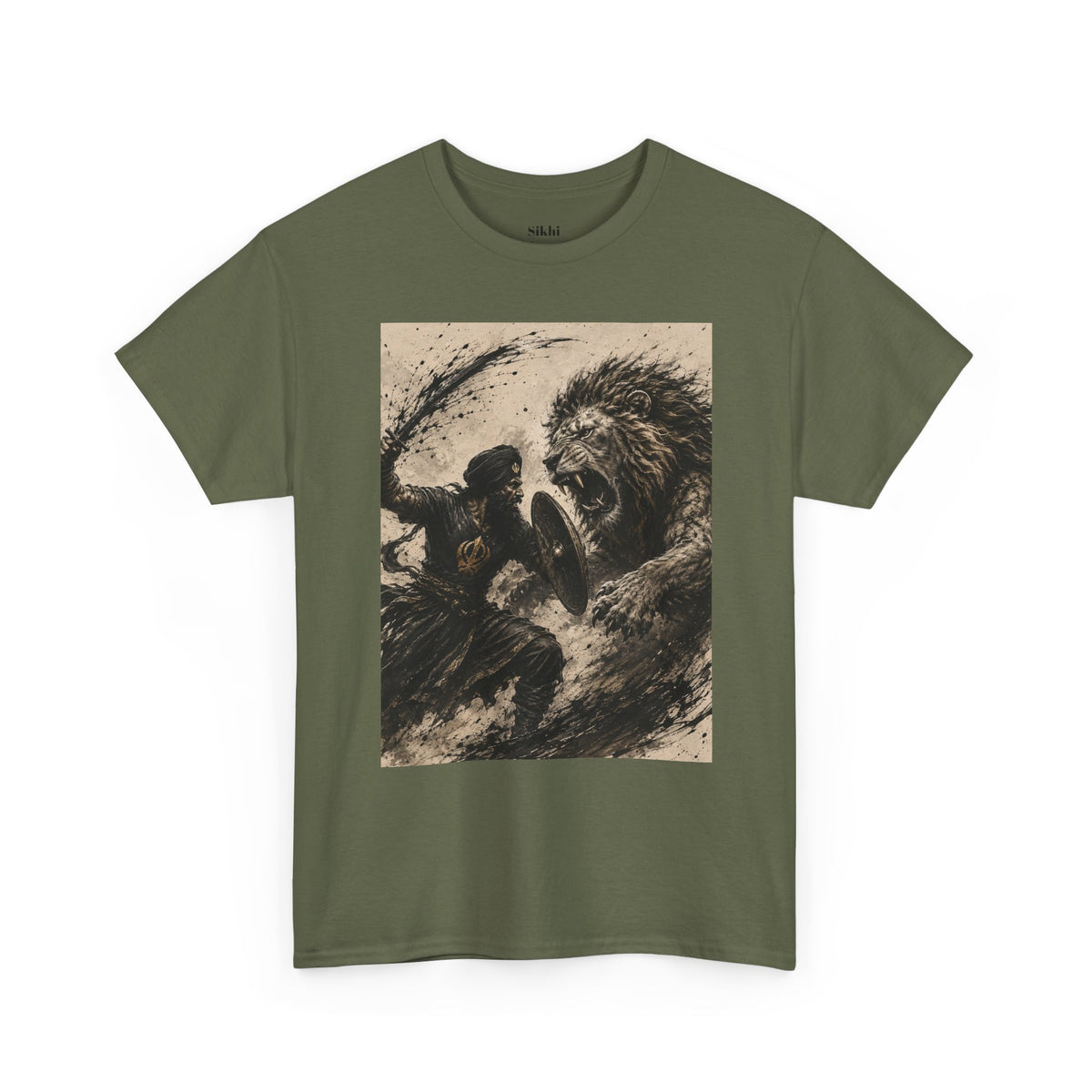 a Lion and Warrior Graphic Tee — Vintage Mythic Battle Art T-Shirt