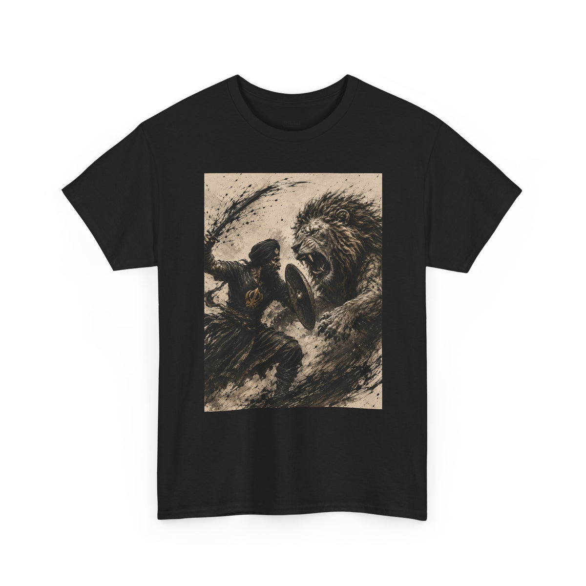 a Lion and Warrior Graphic Tee — Vintage Mythic Battle Art T-Shirt
