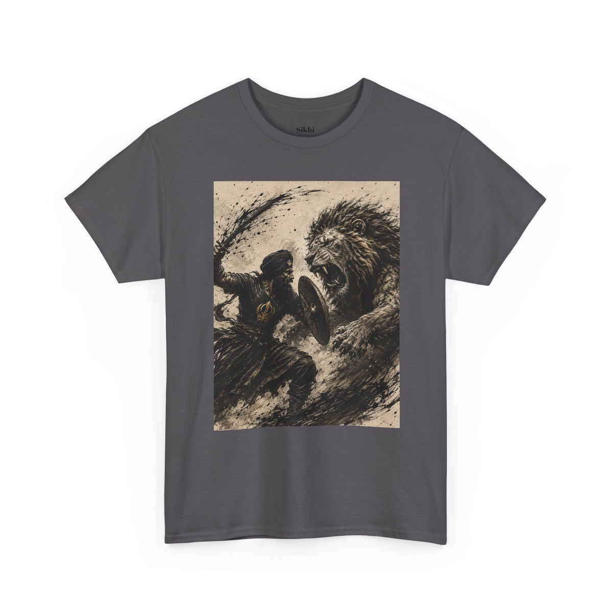 a Lion and Warrior Graphic Tee — Vintage Mythic Battle Art T-Shirt