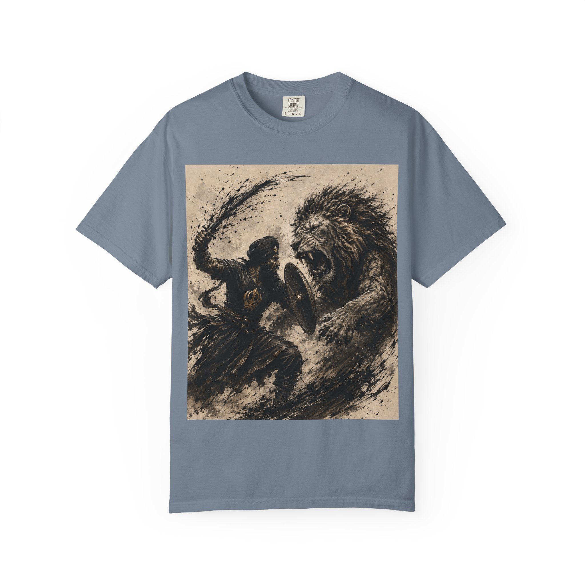 Warrior vs Lion Graphic T-Shirt — Bold Mythic Battle Design