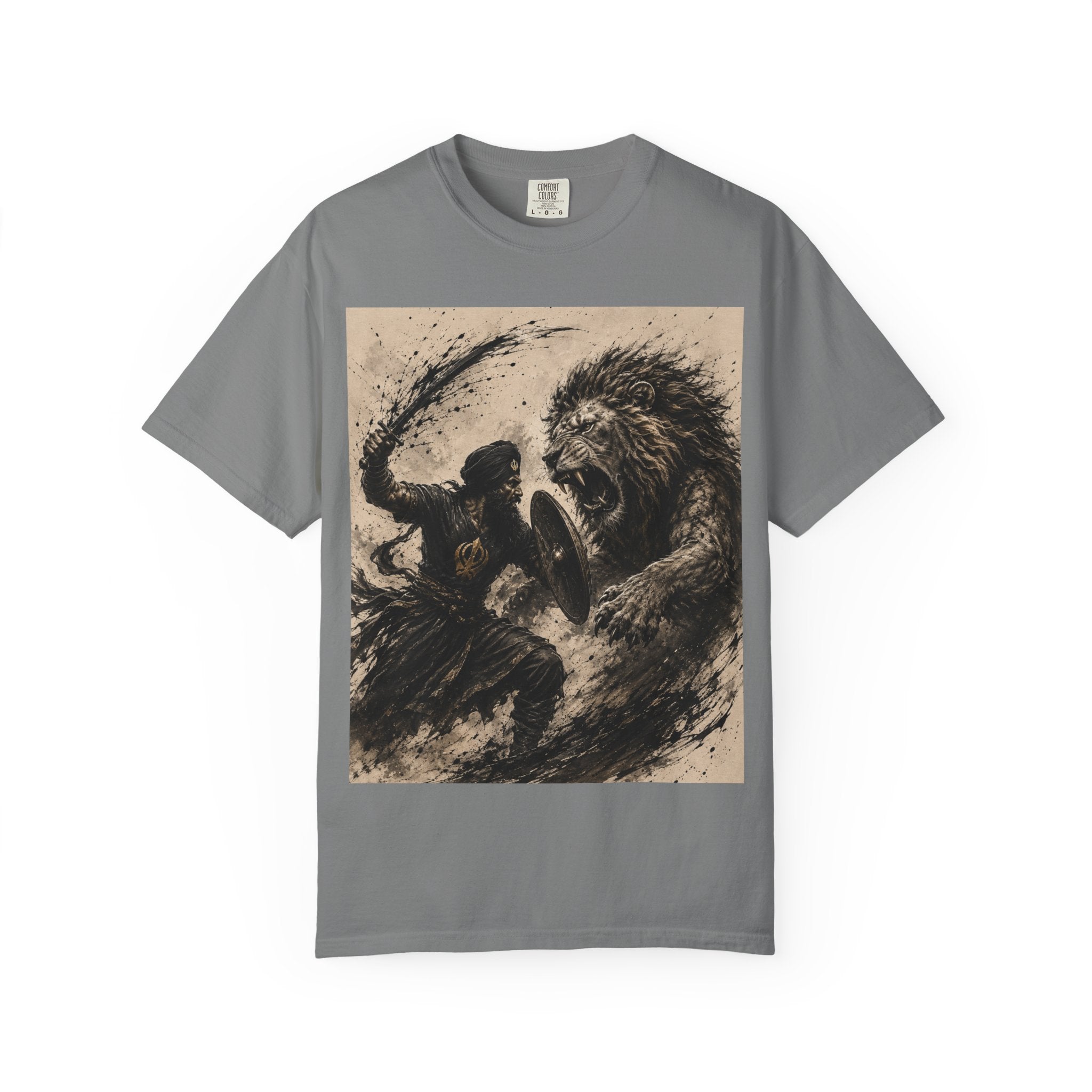 Warrior vs Lion Graphic T-Shirt — Bold Mythic Battle Design