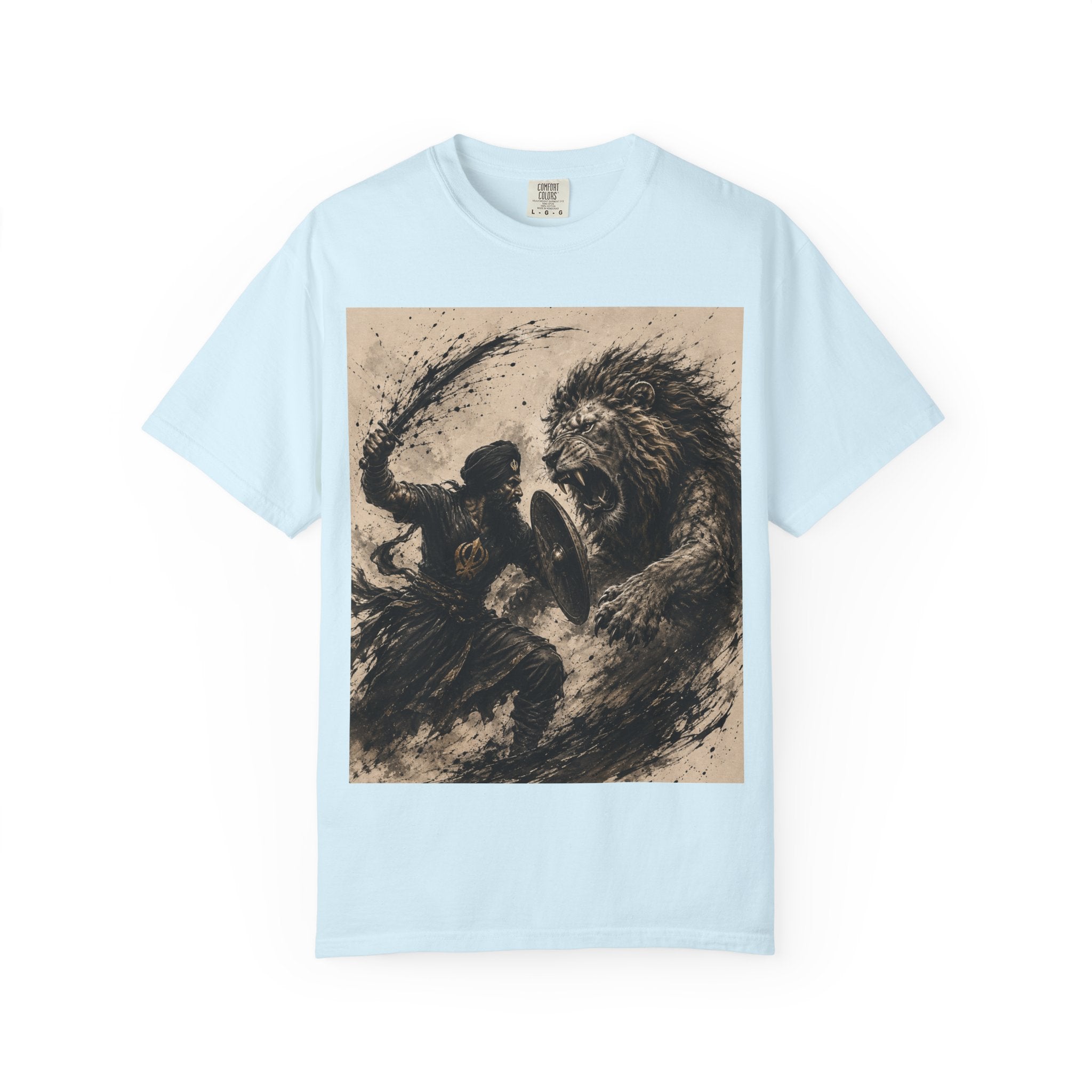 Warrior vs Lion Graphic T-Shirt — Bold Mythic Battle Design