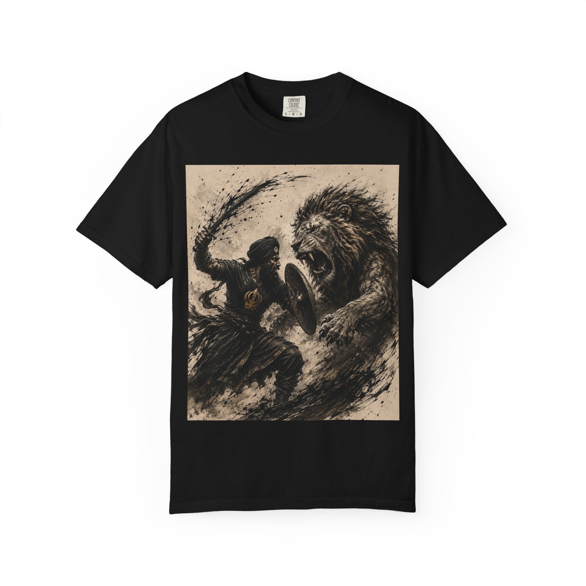 Warrior vs Lion Graphic T-Shirt — Bold Mythic Battle Design