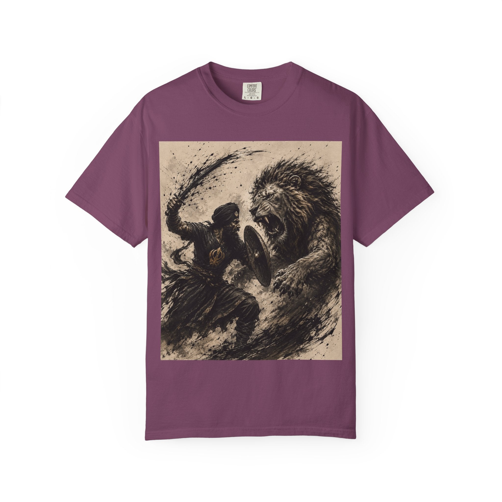 Warrior vs Lion Graphic T-Shirt — Bold Mythic Battle Design
