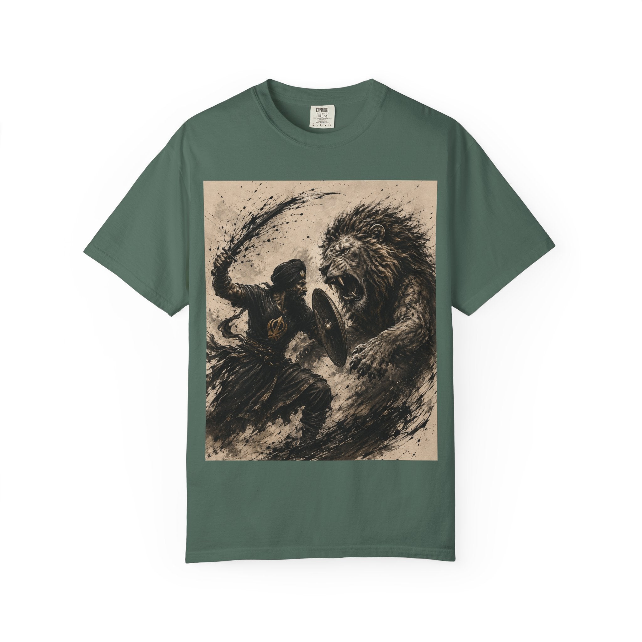 Warrior vs Lion Graphic T-Shirt — Bold Mythic Battle Design