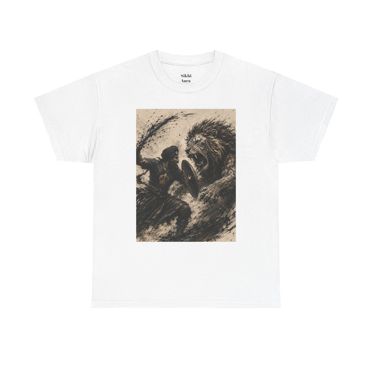 a Lion and Warrior Graphic Tee — Vintage Mythic Battle Art T-Shirt
