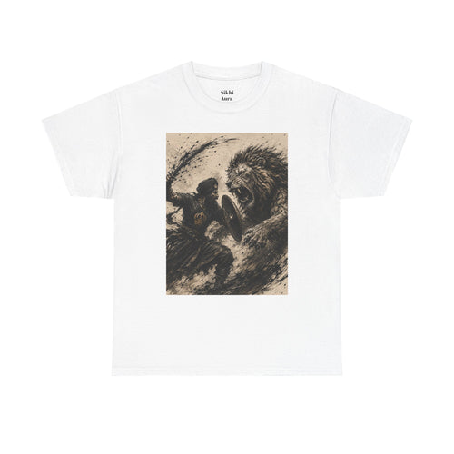 a Lion and Warrior Graphic Tee — Vintage Mythic Battle Art T-Shirt