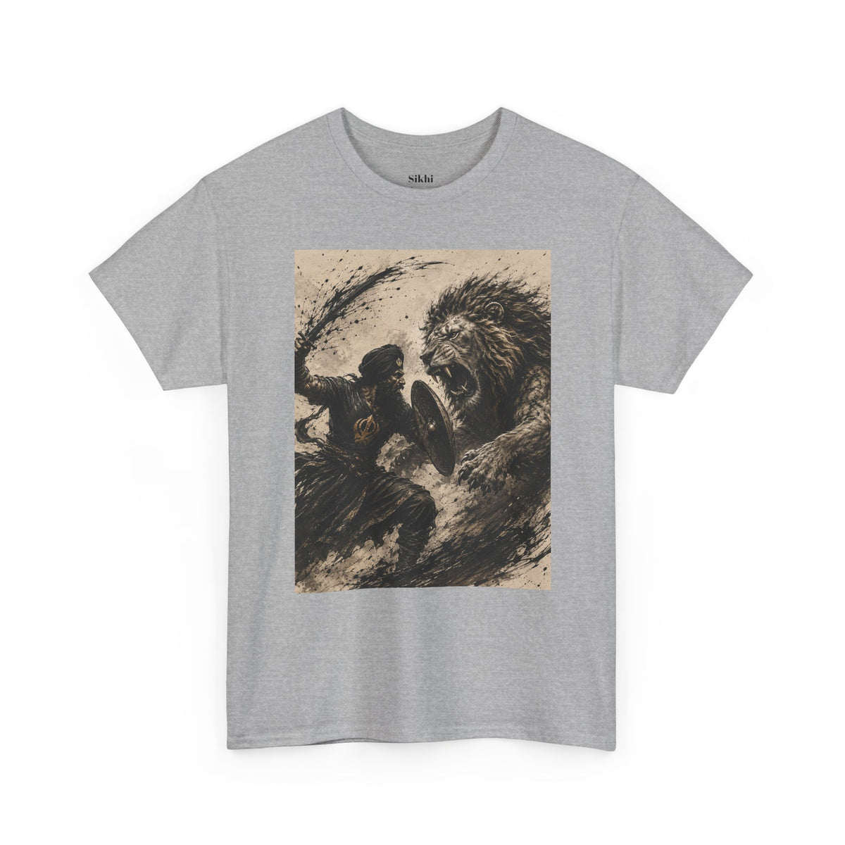 a Lion and Warrior Graphic Tee — Vintage Mythic Battle Art T-Shirt