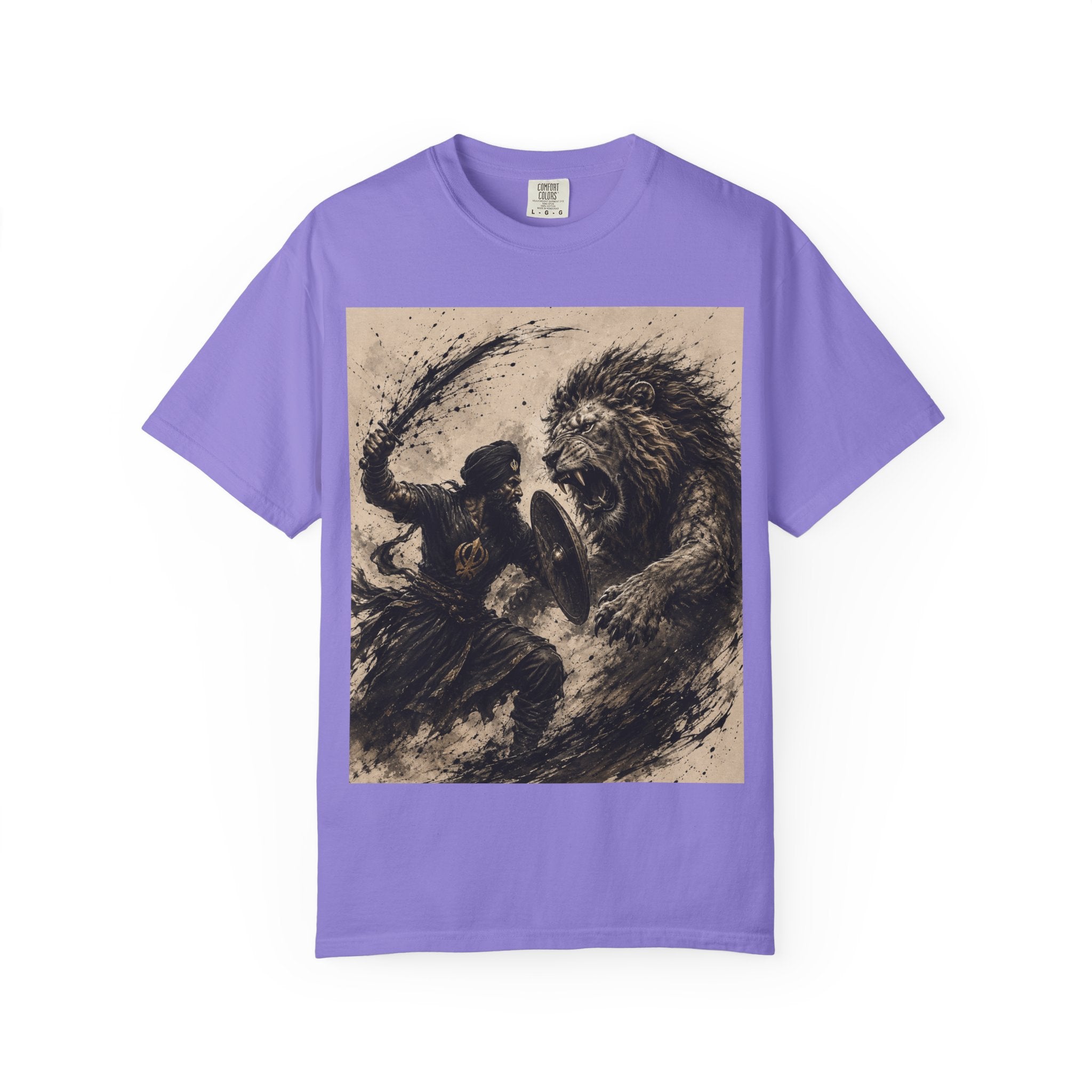 Warrior vs Lion Graphic T-Shirt — Bold Mythic Battle Design