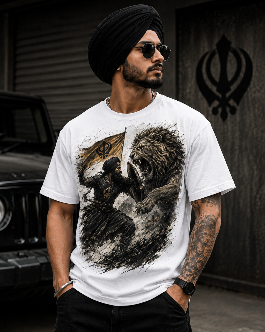 Warrior vs Lion Graphic T-Shirt — Bold Mythic Battle Design